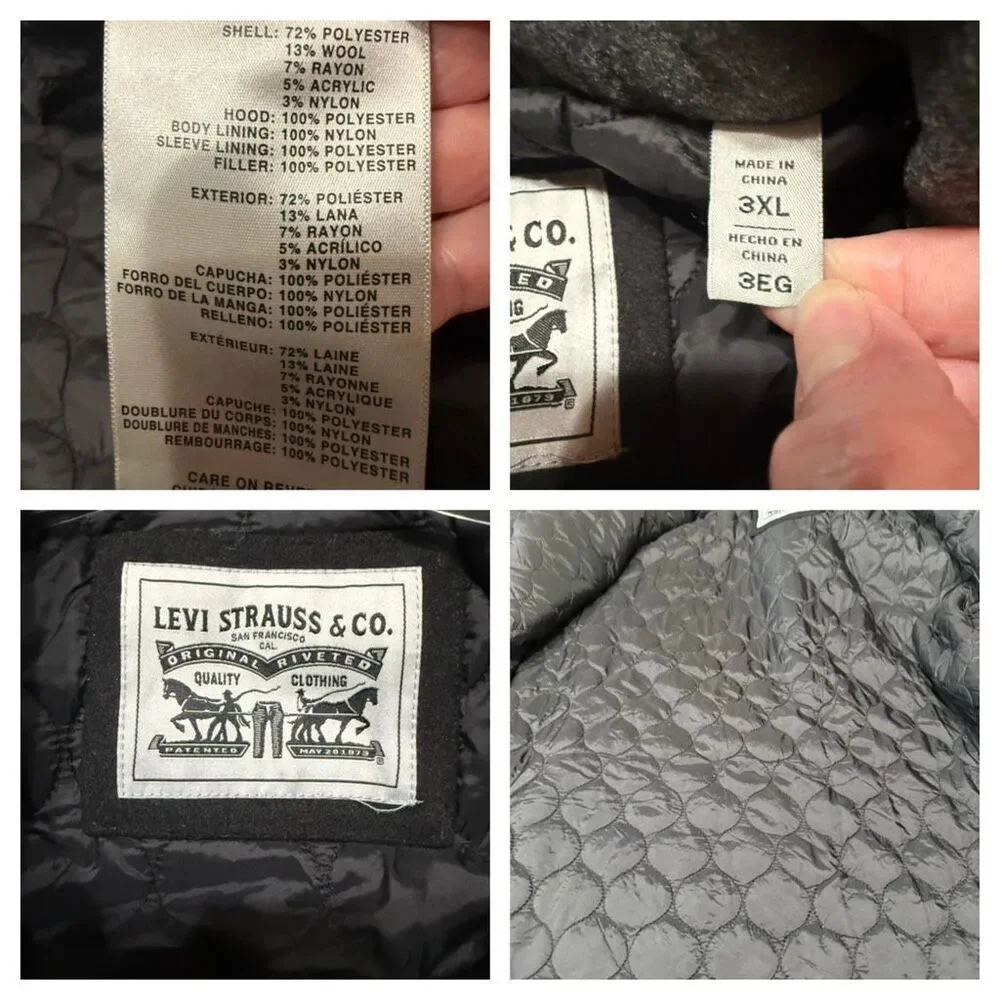 Levi's Men's Wool Blend Hooded Military Jacket Black Sz 3XL